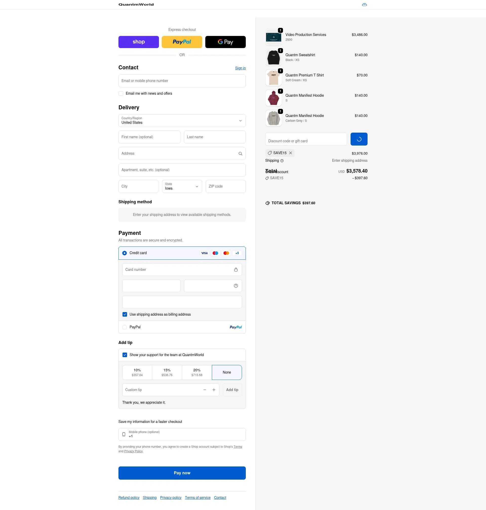Quantm World checkout page showing Quantm World promo code box | Screenshot taken by SimplyCodes community member on Feb 11, 2026