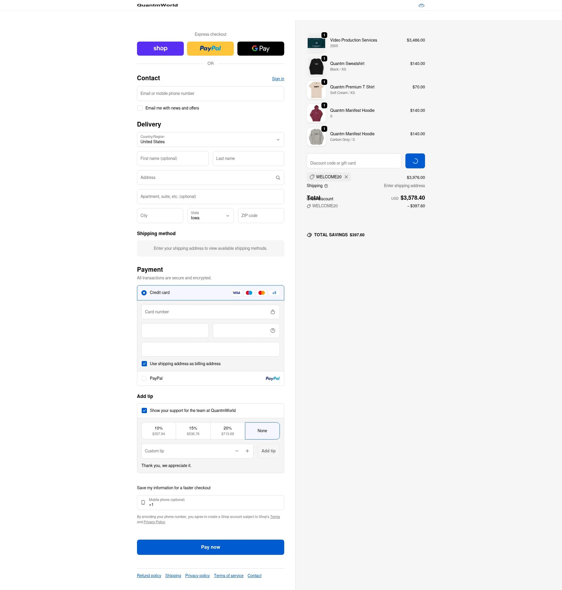Quantm World checkout page showing Quantm World promo code box | Screenshot taken by SimplyCodes community member on Feb 11, 2026