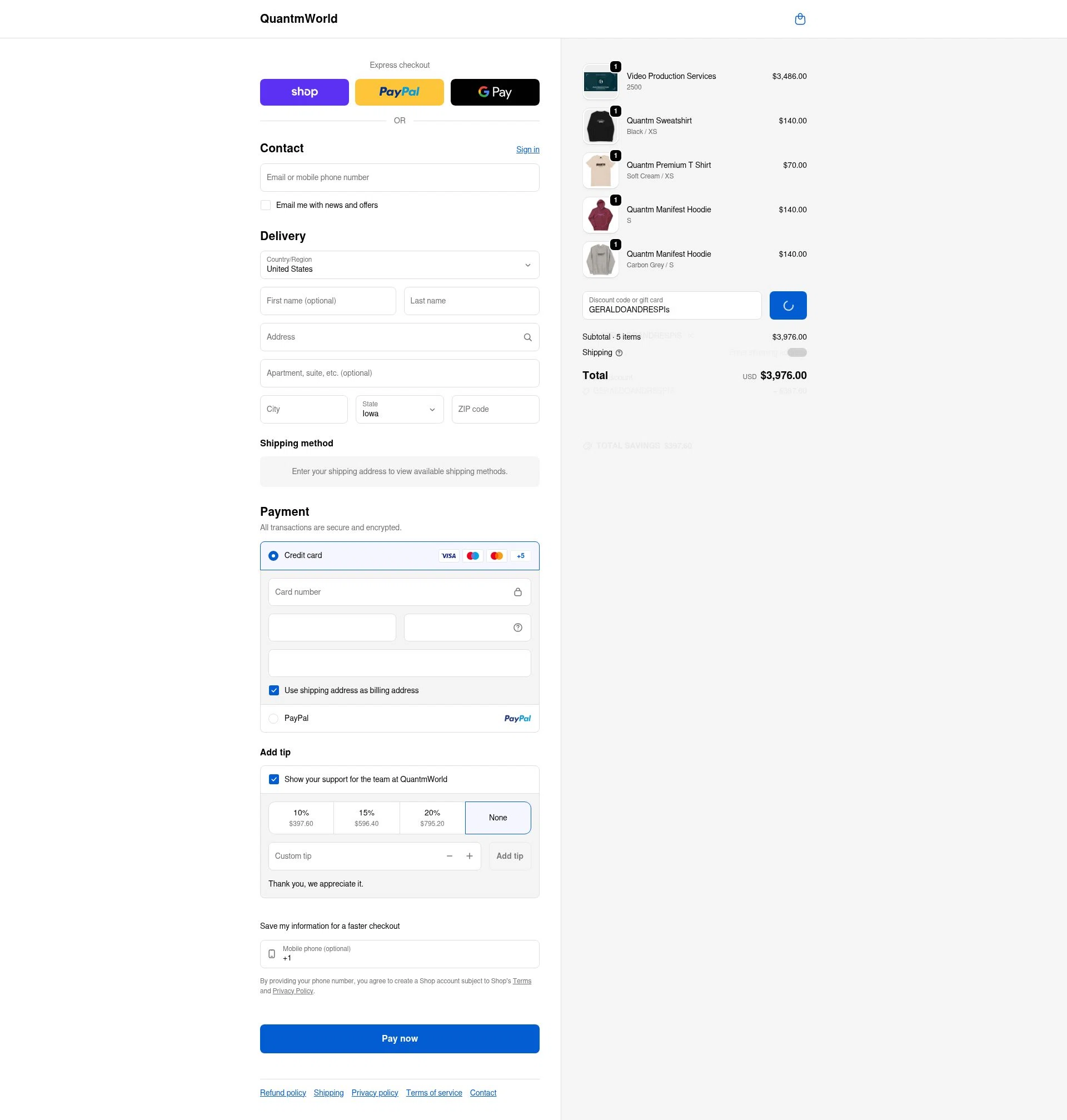 Quantm World checkout page showing Quantm World promo code box | Screenshot taken by SimplyCodes community member on Feb 11, 2026