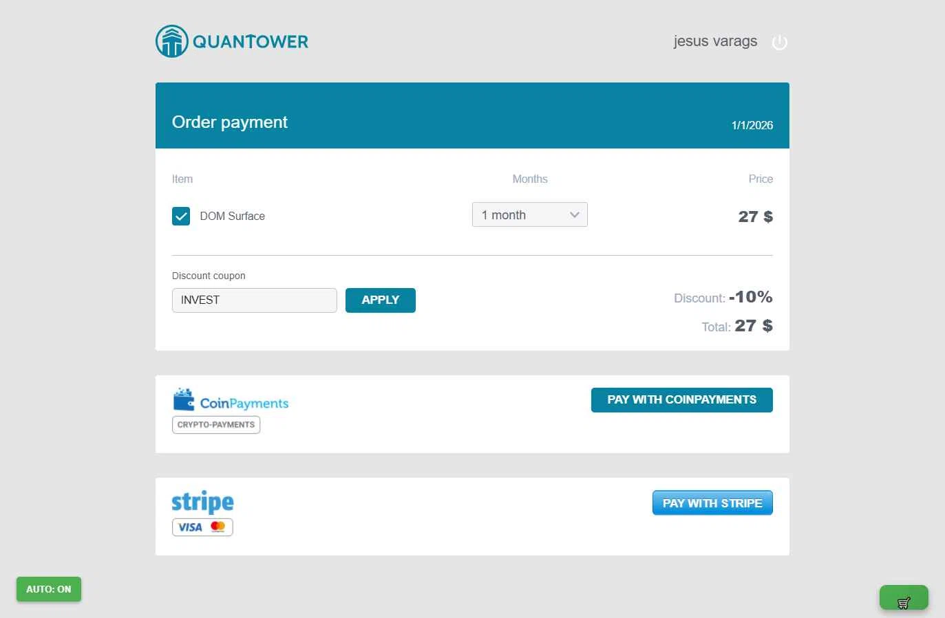 Quantower checkout page showing Quantower discount code box | Screenshot taken by SimplyCodes community member on Jan 1, 2026