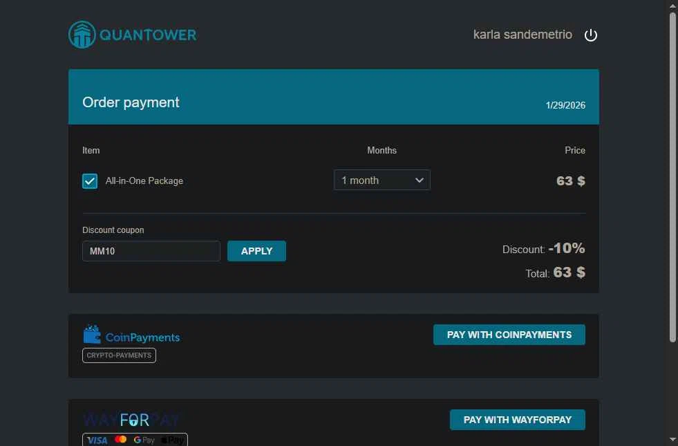 Quantower checkout page showing Quantower discount code box | Screenshot taken by SimplyCodes community member on Jan 29, 2026