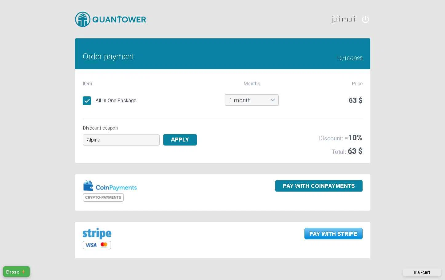 Quantower checkout page showing Quantower discount code box | Screenshot taken by SimplyCodes community member on Dec 16, 2025