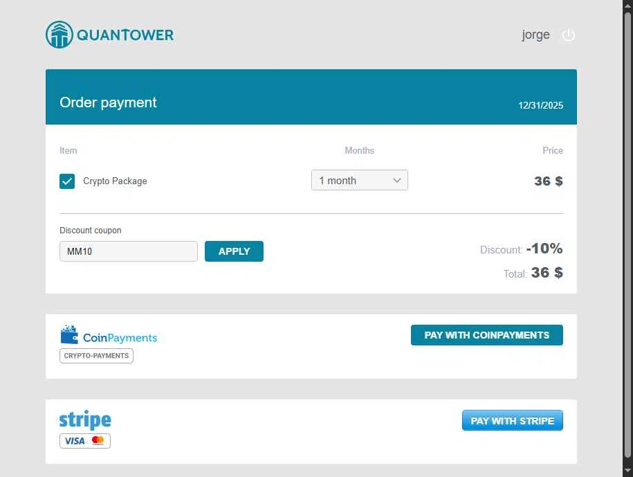 Quantower checkout page showing Quantower discount code box | Screenshot taken by SimplyCodes community member on Dec 31, 2025