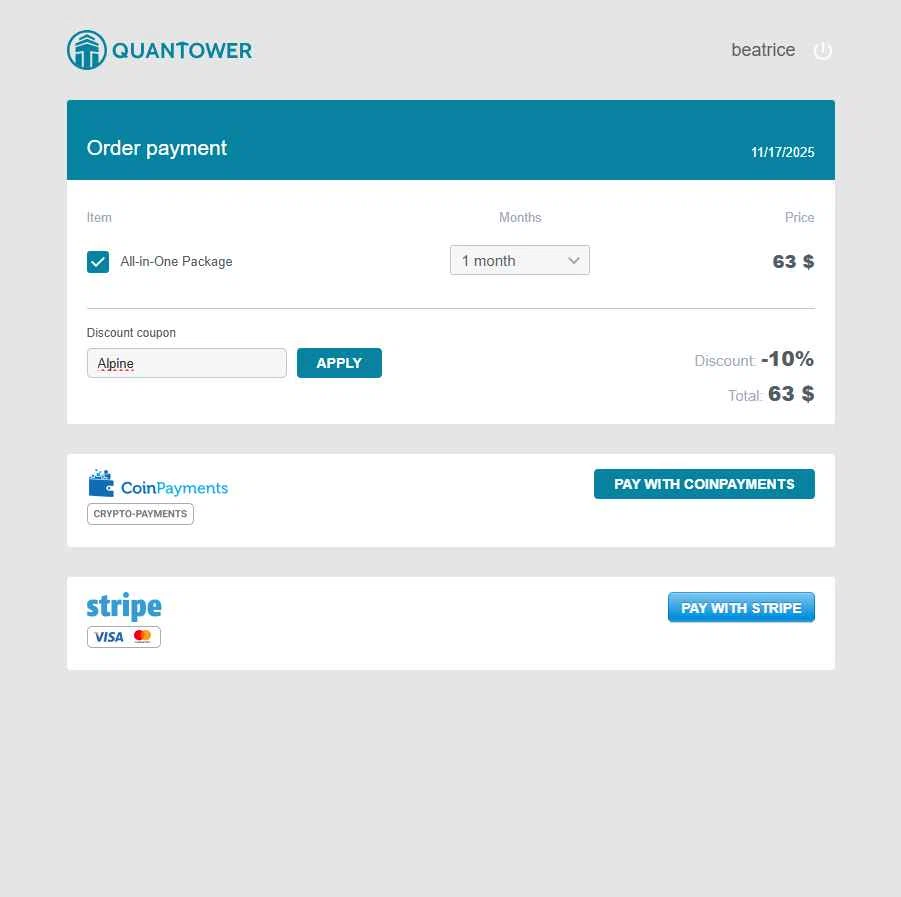 Quantower checkout page showing Quantower discount code box | Screenshot taken by SimplyCodes community member on Nov 17, 2025