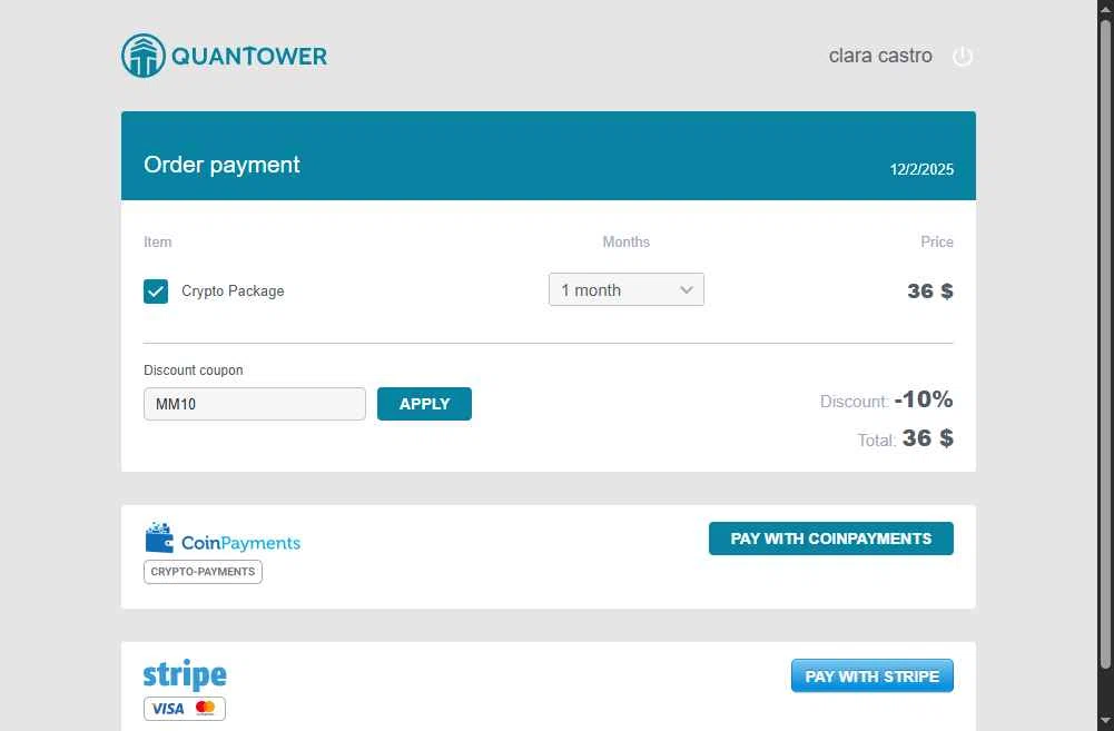Quantower checkout page showing Quantower discount code box | Screenshot taken by SimplyCodes community member on Dec 2, 2025