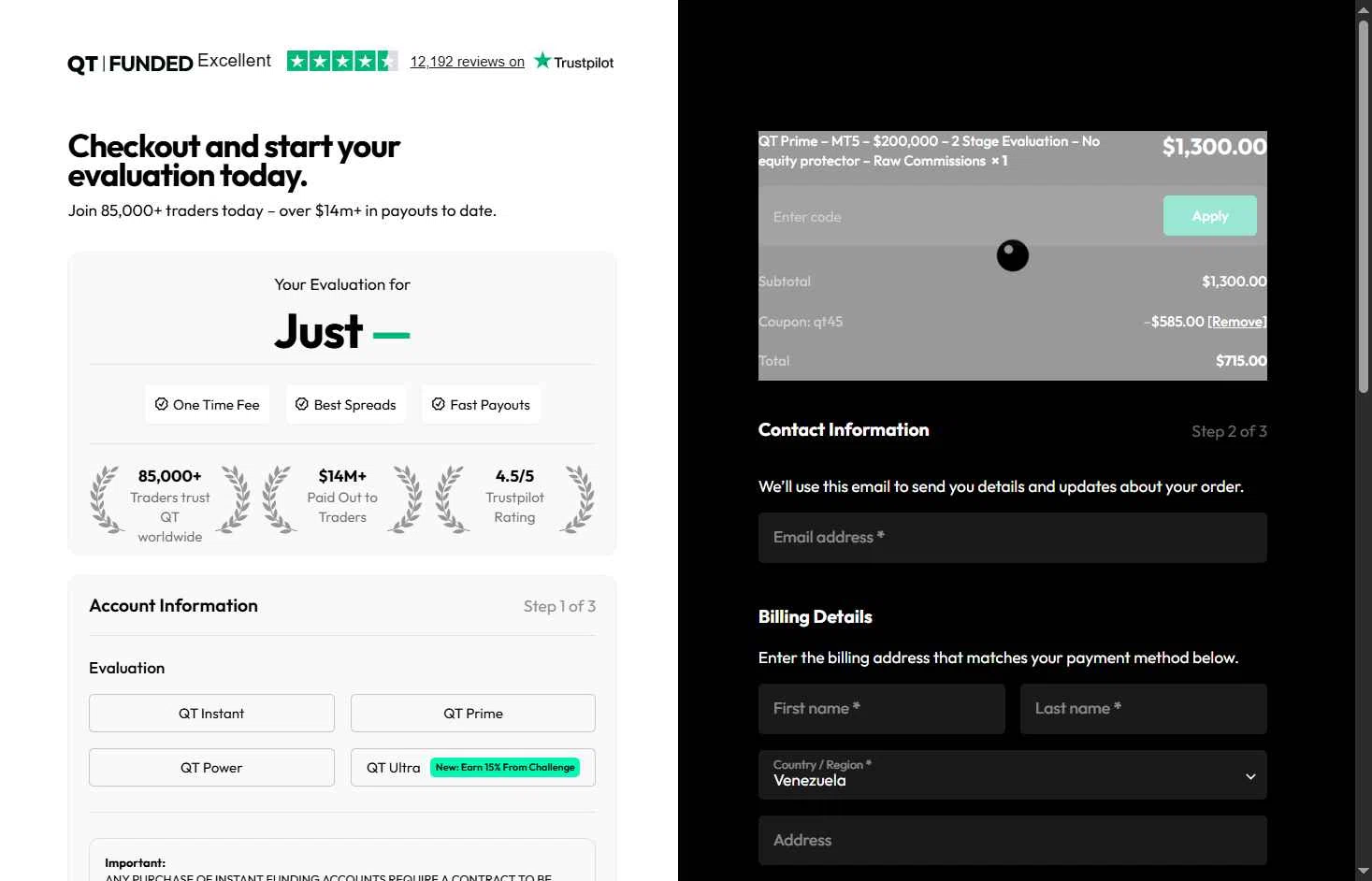 Quant Tekel checkout page showing Quant Tekel promo code box | Screenshot taken by SimplyCodes community member on Feb 10, 2026