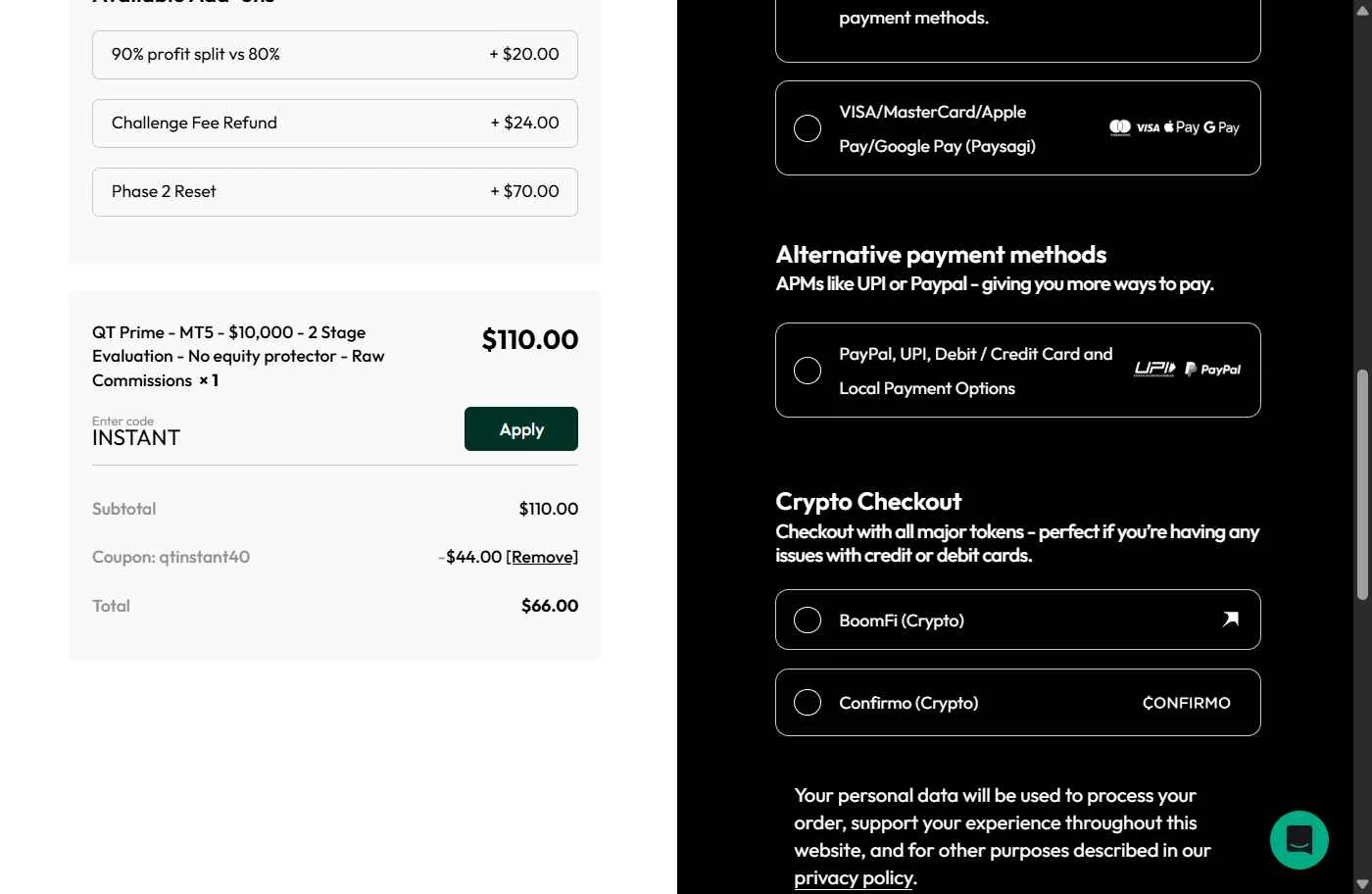 Quant Tekel checkout page showing Quant Tekel promo code box | Screenshot taken by SimplyCodes community member on Jan 12, 2026