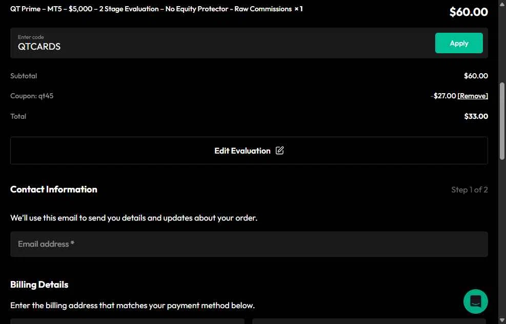 Quant Tekel checkout page showing Quant Tekel promo code box | Screenshot taken by SimplyCodes community member on Feb 10, 2026