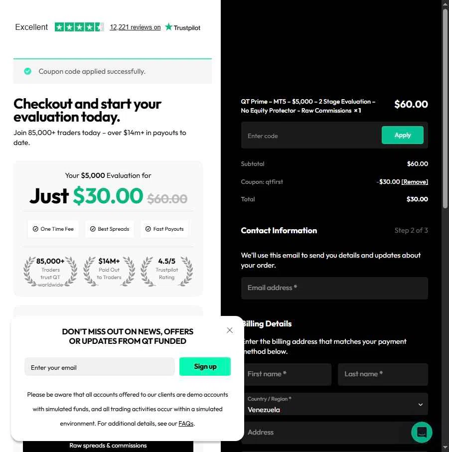 Quant Tekel checkout page showing Quant Tekel promo code box | Screenshot taken by SimplyCodes community member on Feb 11, 2026