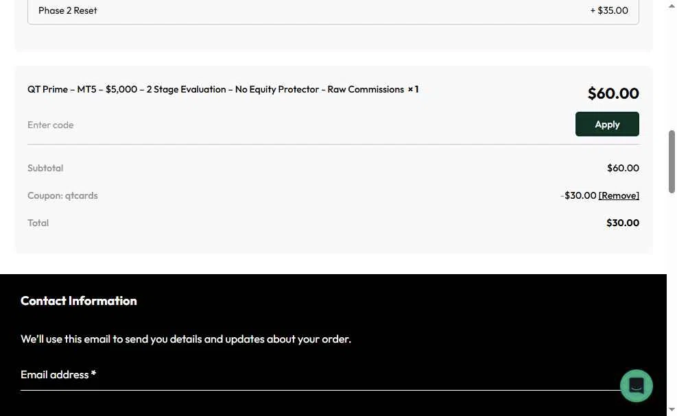 Quant Tekel checkout page showing Quant Tekel promo code box | Screenshot taken by SimplyCodes community member on Dec 14, 2025
