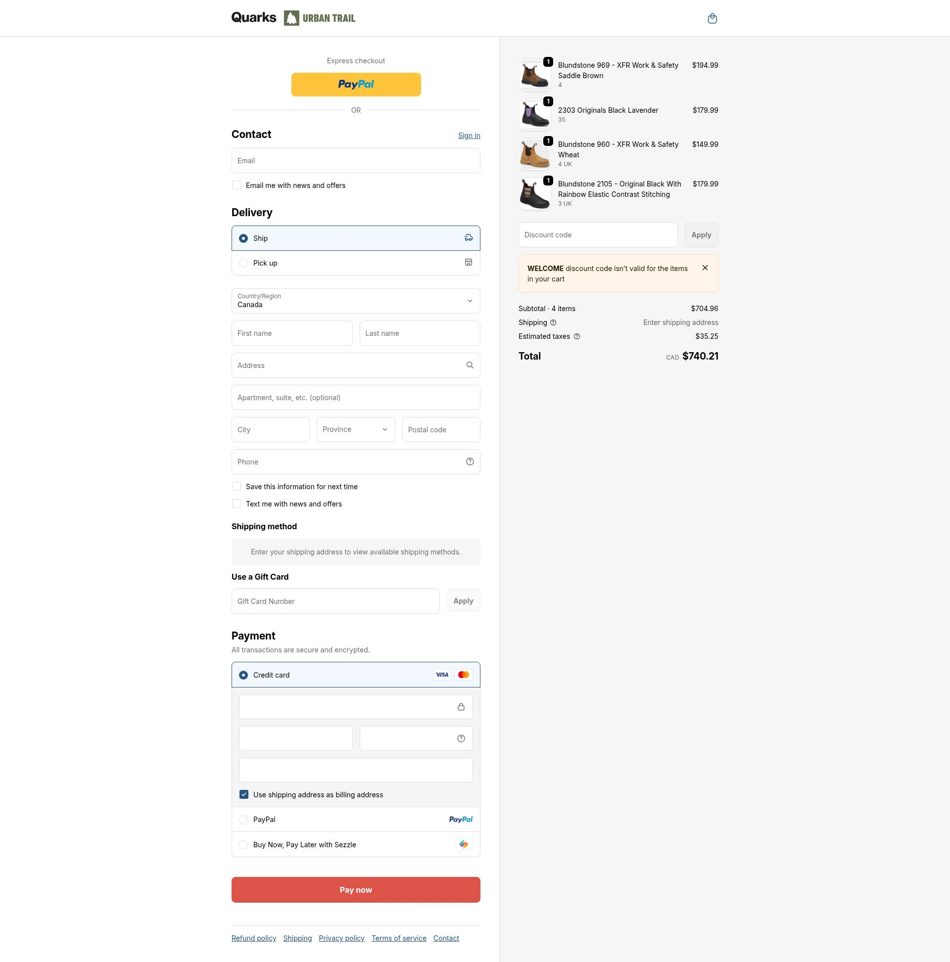 Quarks Shoes checkout page showing Quarks Shoes promo code box | Screenshot taken by SimplyCodes community member on Feb 5, 2026