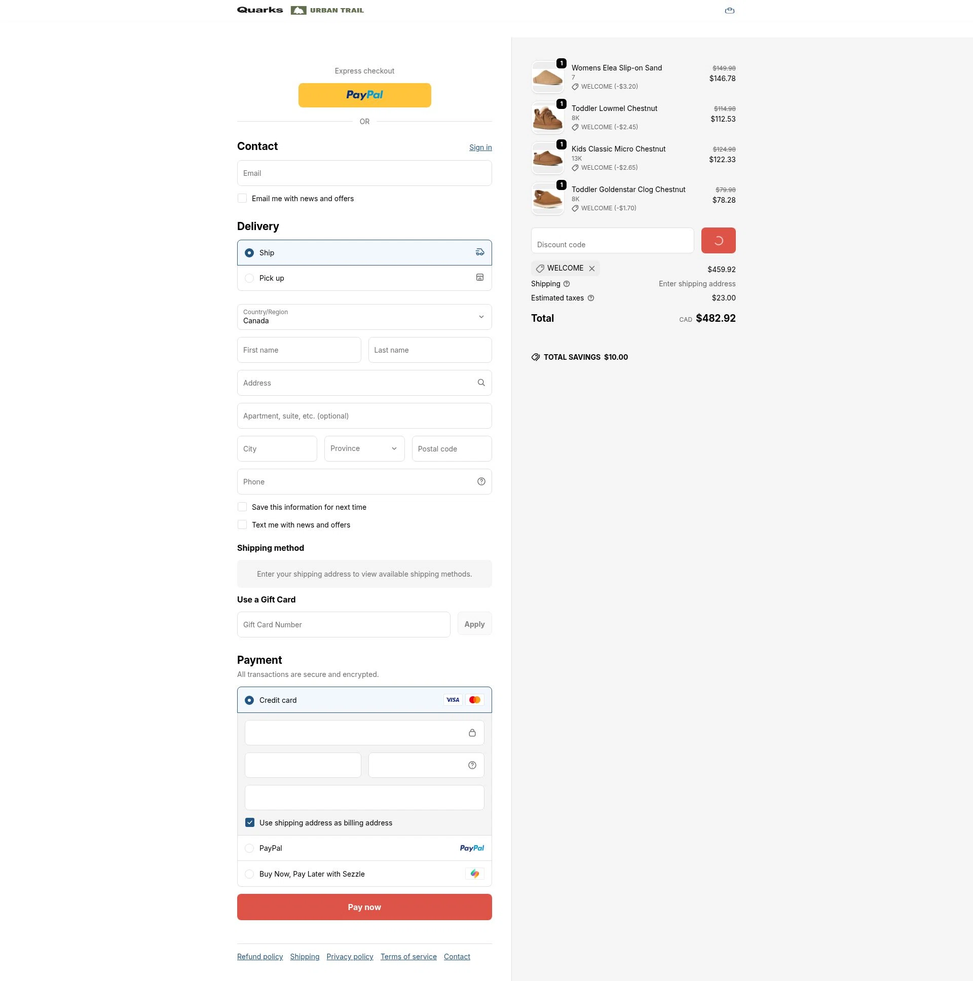 Quarks Shoes checkout page showing Quarks Shoes promo code box | Screenshot taken by SimplyCodes community member on Jan 17, 2026