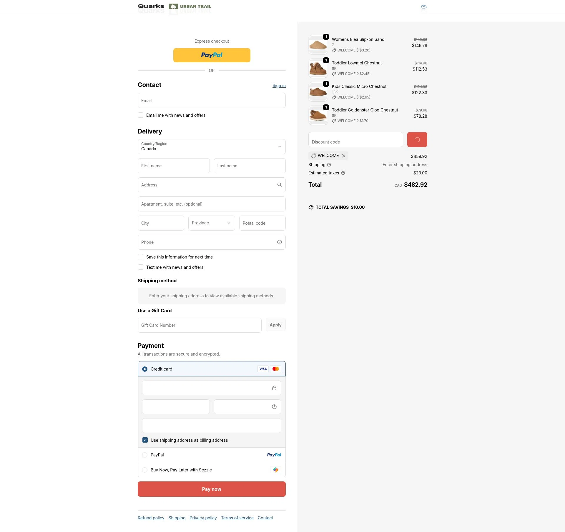 Quarks Shoes checkout page showing Quarks Shoes promo code box | Screenshot taken by SimplyCodes community member on Jan 7, 2026