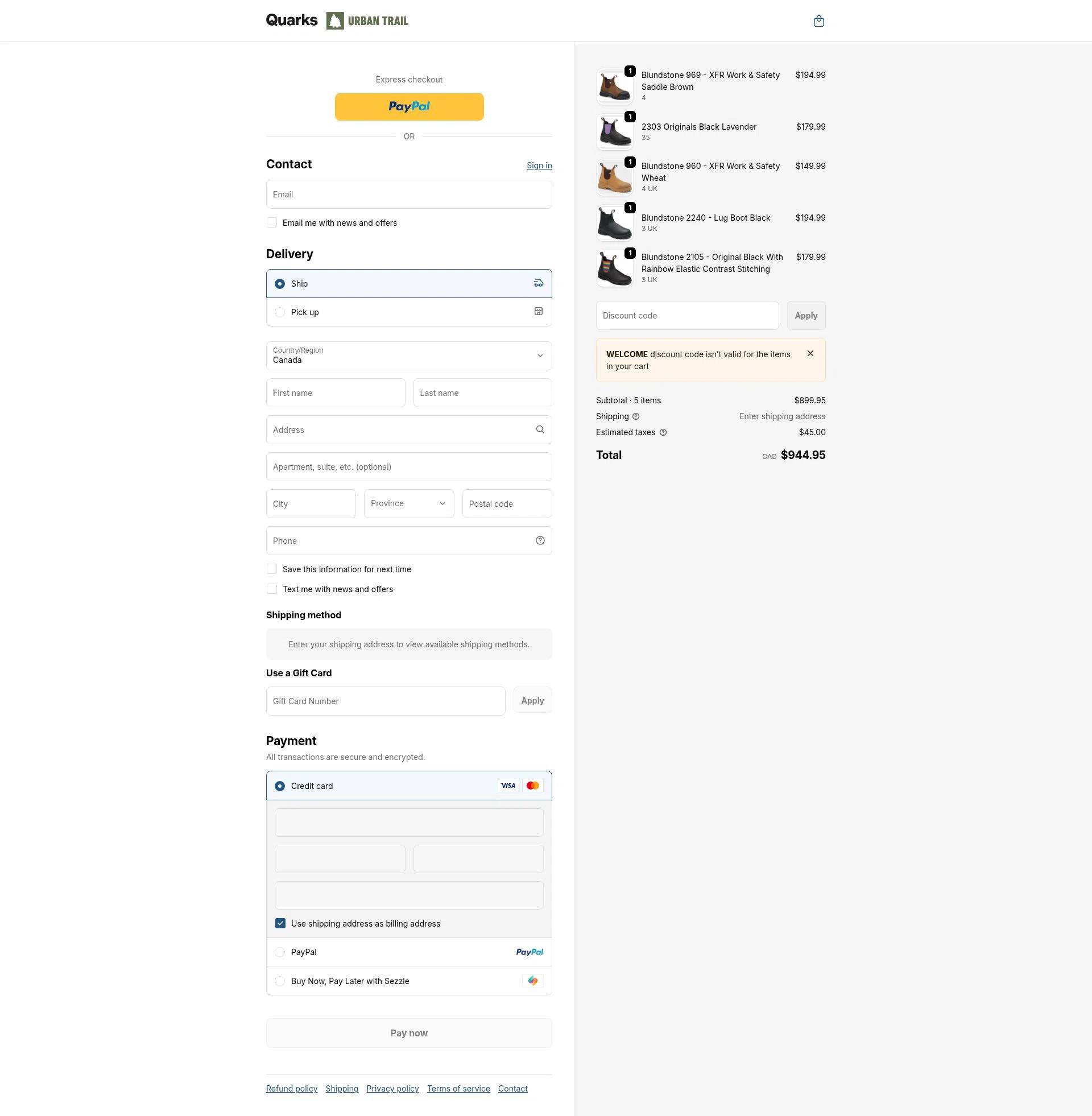 Quarks Shoes checkout page showing Quarks Shoes promo code box | Screenshot taken by SimplyCodes community member on Jan 22, 2026