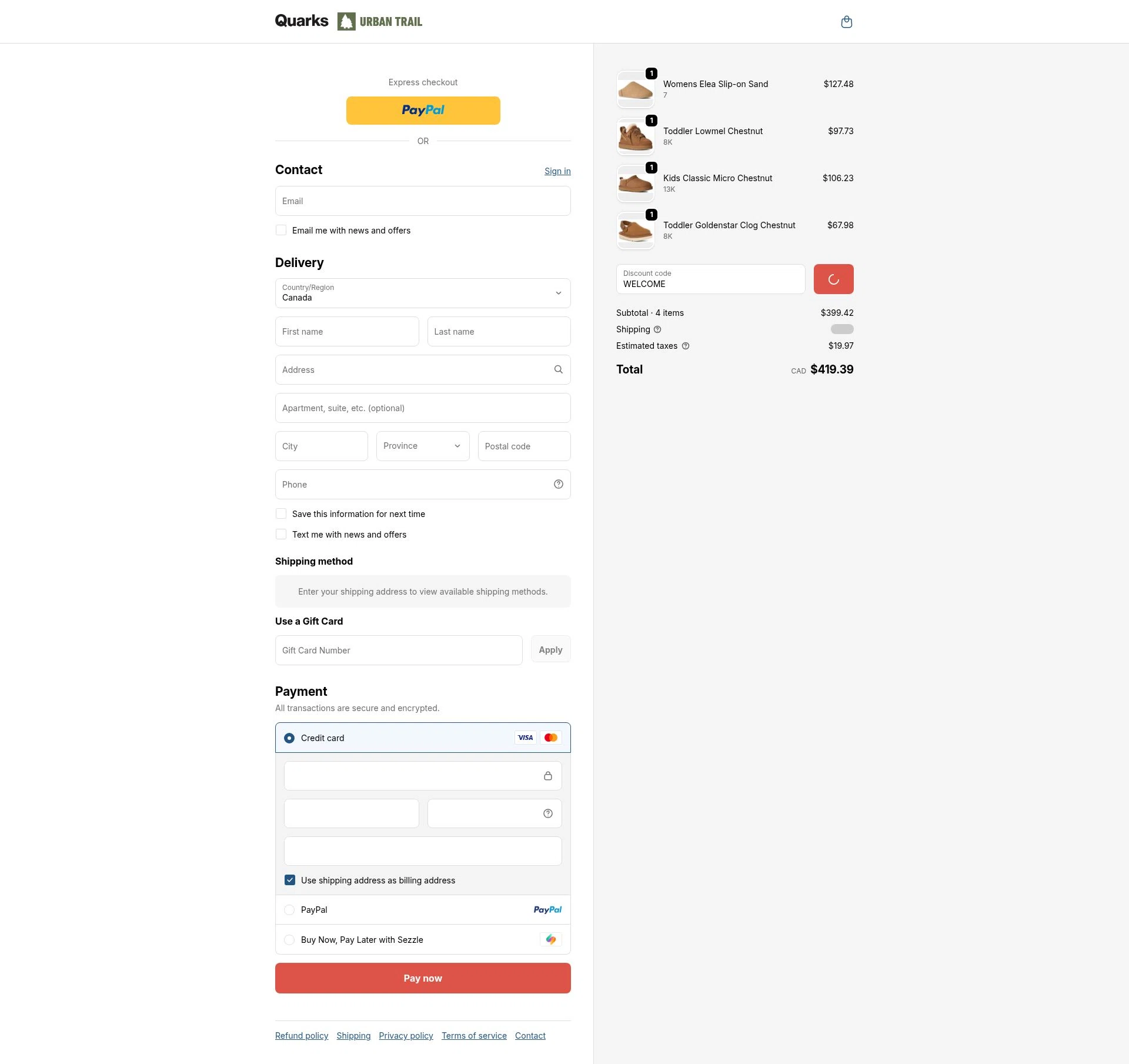 Quarks Shoes checkout page showing Quarks Shoes promo code box | Screenshot taken by SimplyCodes community member on Jan 2, 2026