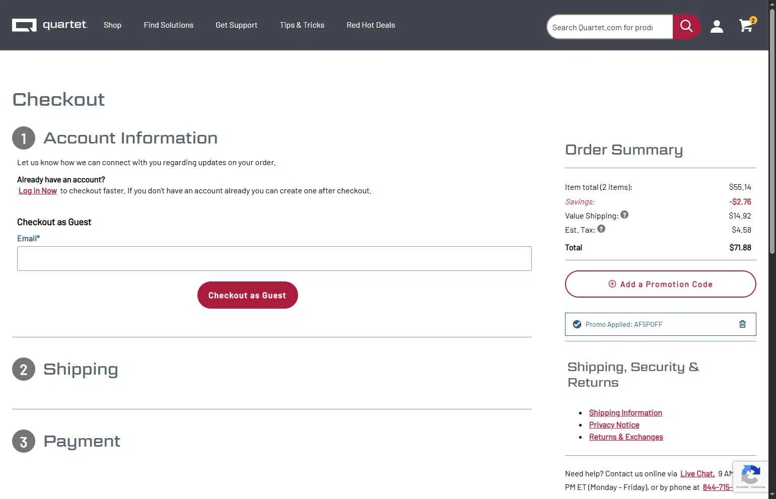 Quartet checkout page showing Quartet promo code box | Screenshot taken by SimplyCodes community member on Dec 10, 2025