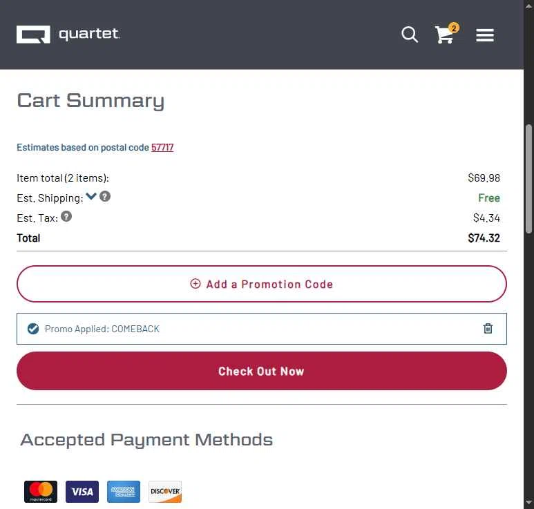 Quartet checkout page showing Quartet promo code box | Screenshot taken by SimplyCodes community member on Dec 31, 2025