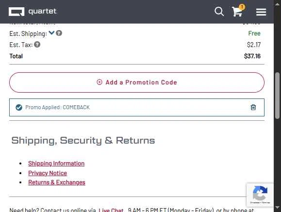 Quartet checkout page showing Quartet promo code box | Screenshot taken by SimplyCodes community member on Dec 2, 2025