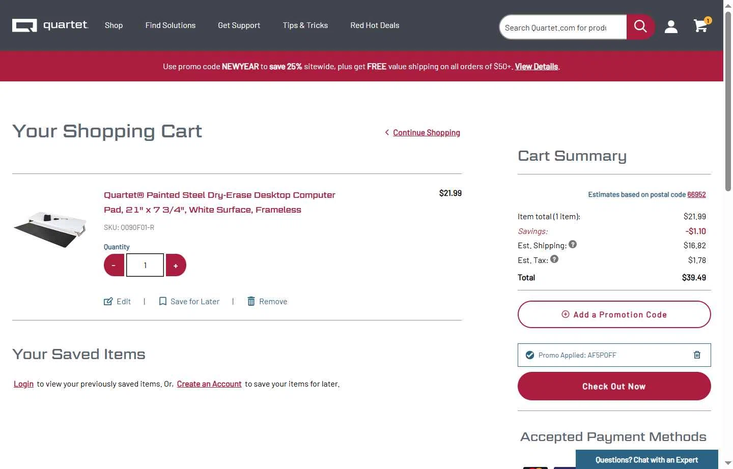 Quartet checkout page showing Quartet promo code box | Screenshot taken by SimplyCodes community member on Jan 8, 2026