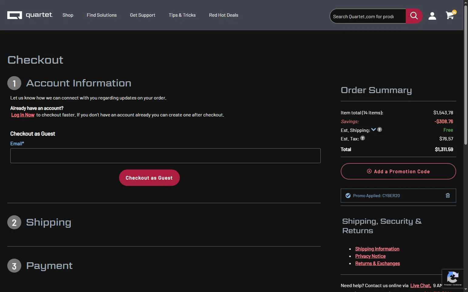 Quartet checkout page showing Quartet promo code box | Screenshot taken by SimplyCodes community member on Dec 1, 2025