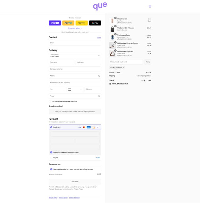que Bottle checkout page showing que Bottle promo code box | Screenshot taken by SimplyCodes community member on Aug 20, 2025