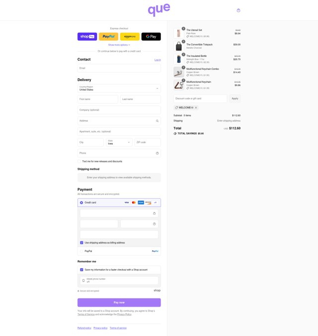 que Bottle checkout page showing que Bottle promo code box | Screenshot taken by SimplyCodes community member on Aug 15, 2025