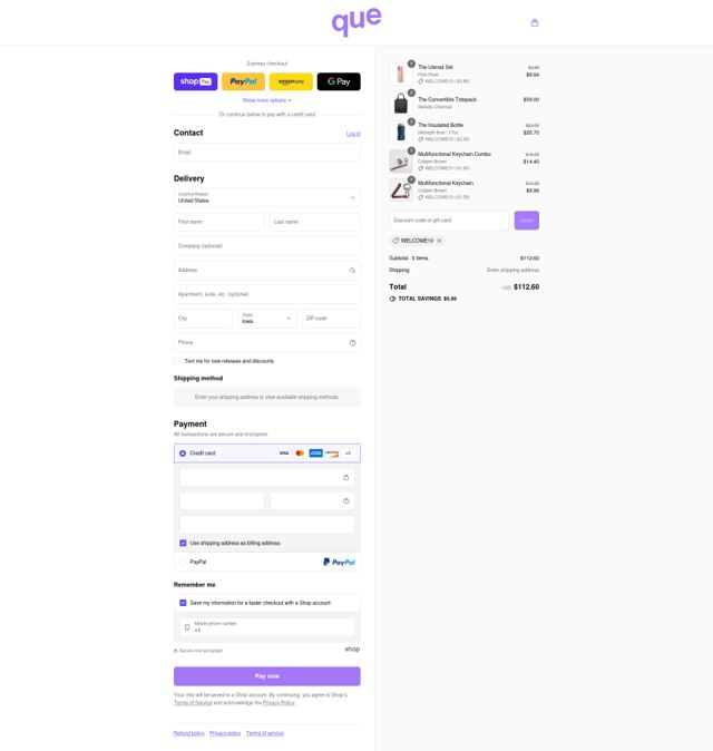 que Bottle checkout page showing que Bottle promo code box | Screenshot taken by SimplyCodes community member on Aug 7, 2025