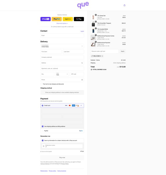 que Bottle checkout page showing que Bottle promo code box | Screenshot taken by SimplyCodes community member on Aug 24, 2025