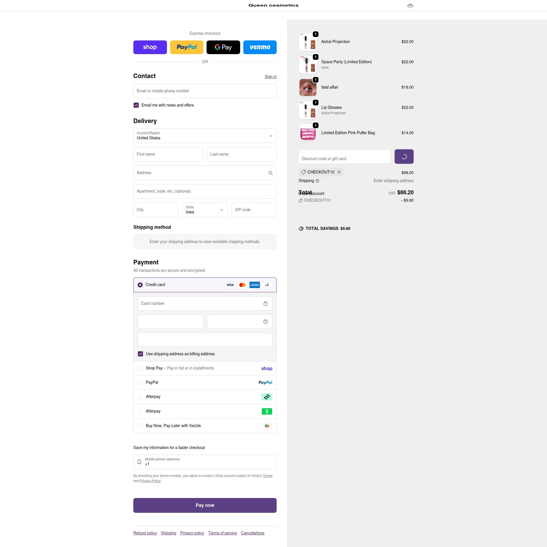 Queen cosmetics checkout page showing Queen cosmetics discount code box | Screenshot taken by SimplyCodes community member on Feb 14, 2026