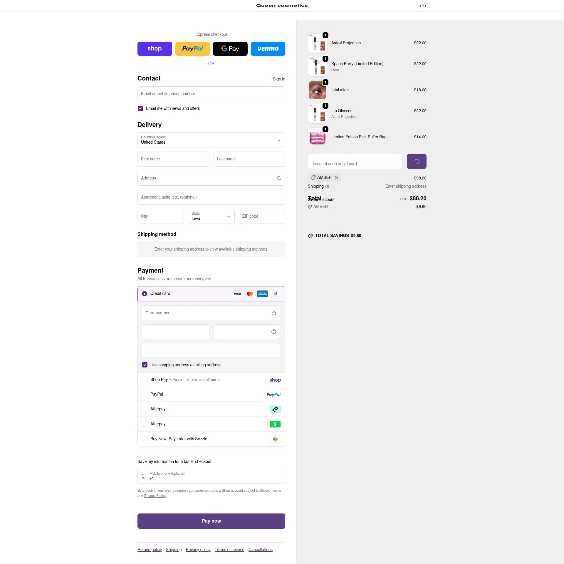 Queen cosmetics checkout page showing Queen cosmetics discount code box | Screenshot taken by SimplyCodes community member on Feb 14, 2026