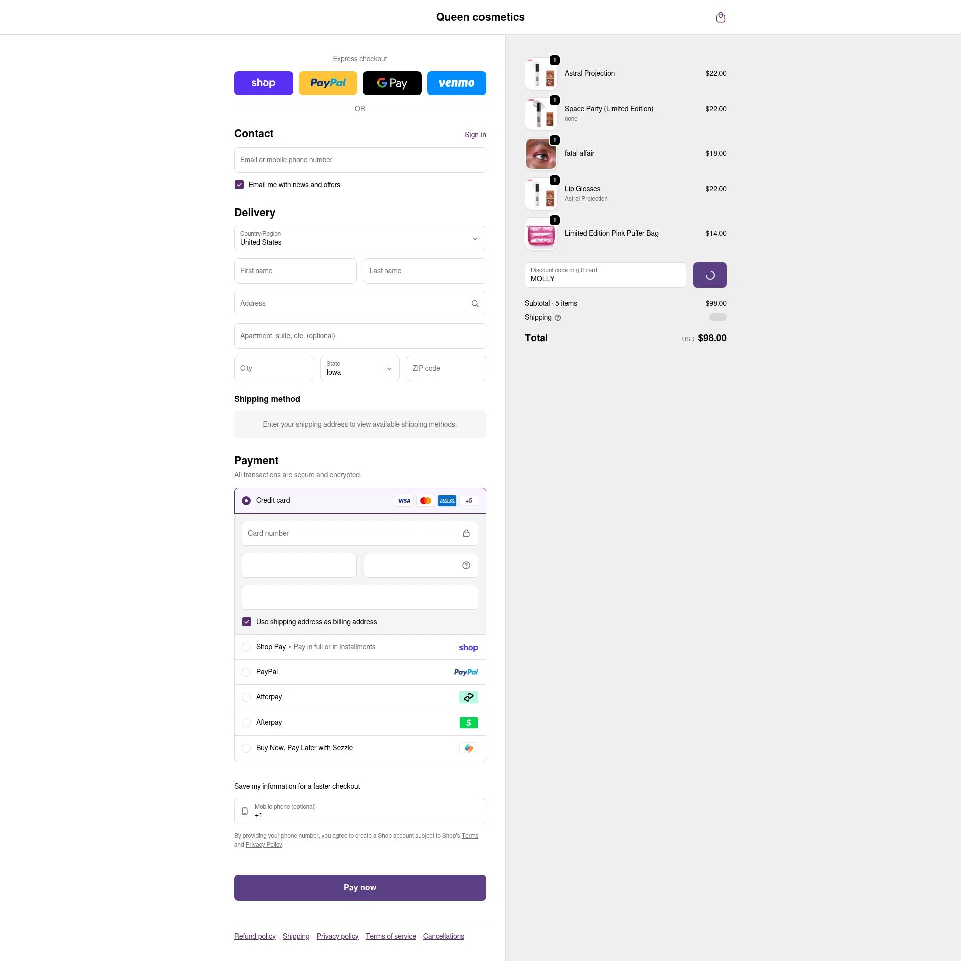 Queen cosmetics checkout page showing Queen cosmetics discount code box | Screenshot taken by SimplyCodes community member on Feb 14, 2026