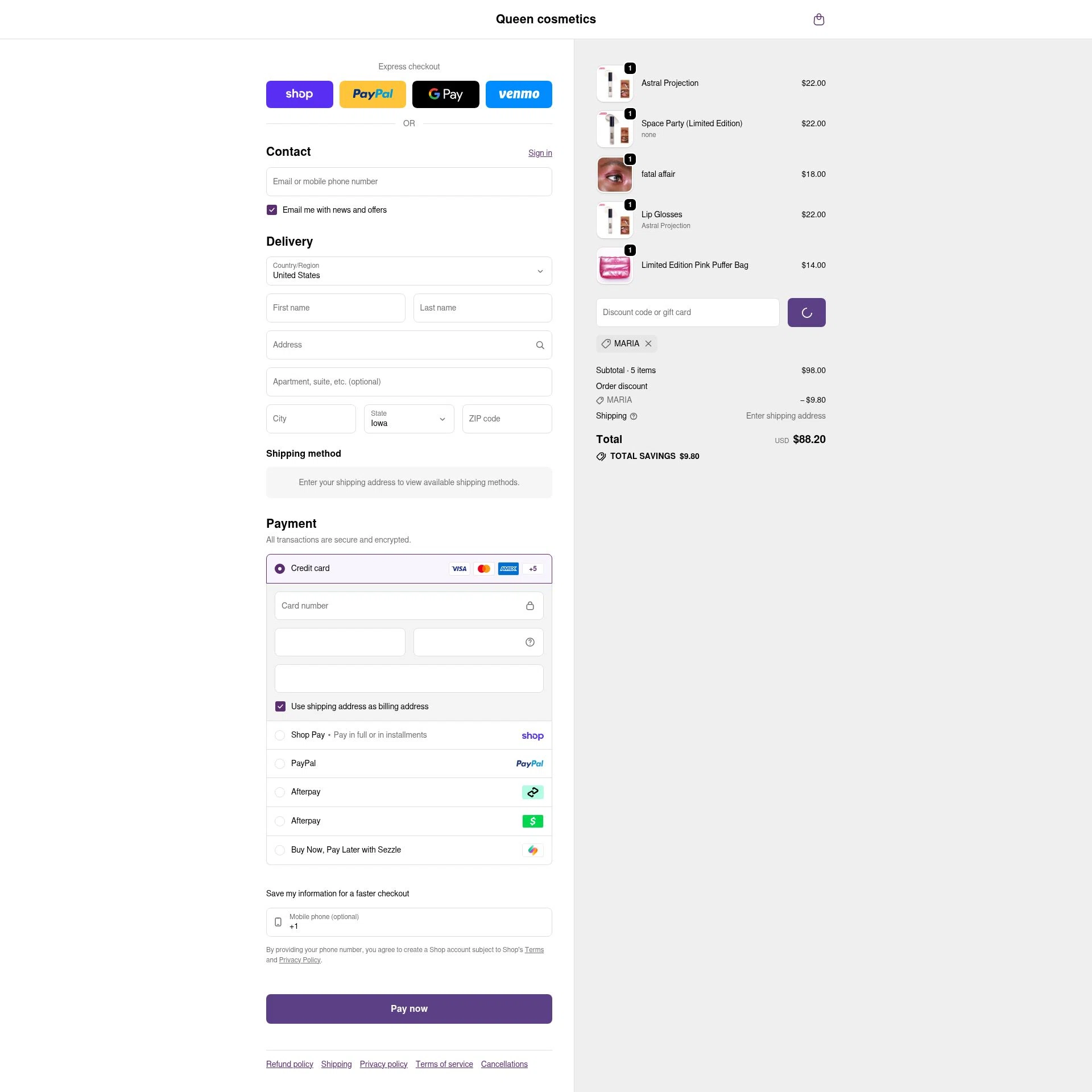 Queen cosmetics checkout page showing Queen cosmetics discount code box | Screenshot taken by SimplyCodes community member on Feb 14, 2026
