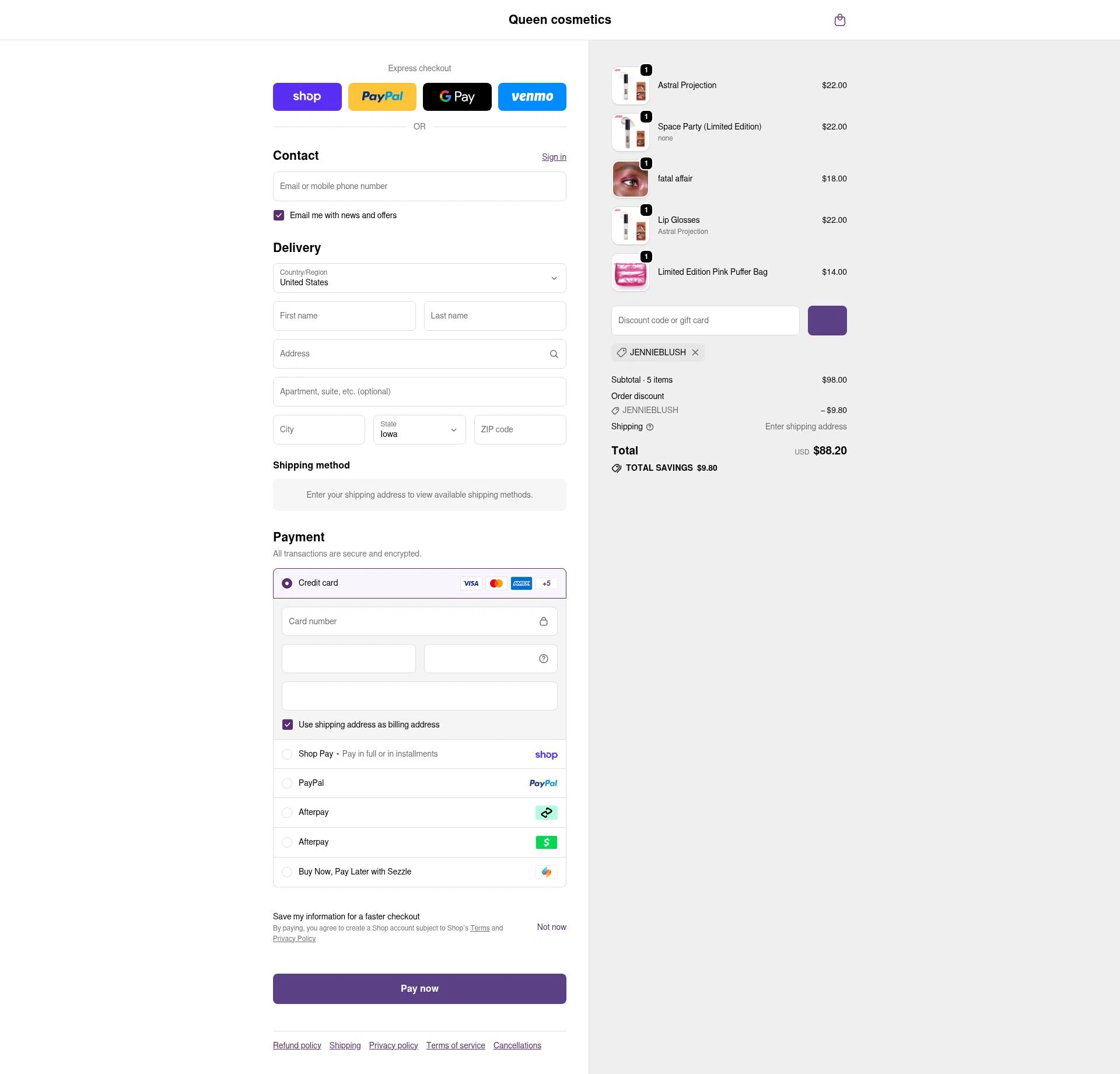 Queen cosmetics checkout page showing Queen cosmetics discount code box | Screenshot taken by SimplyCodes community member on Feb 14, 2026