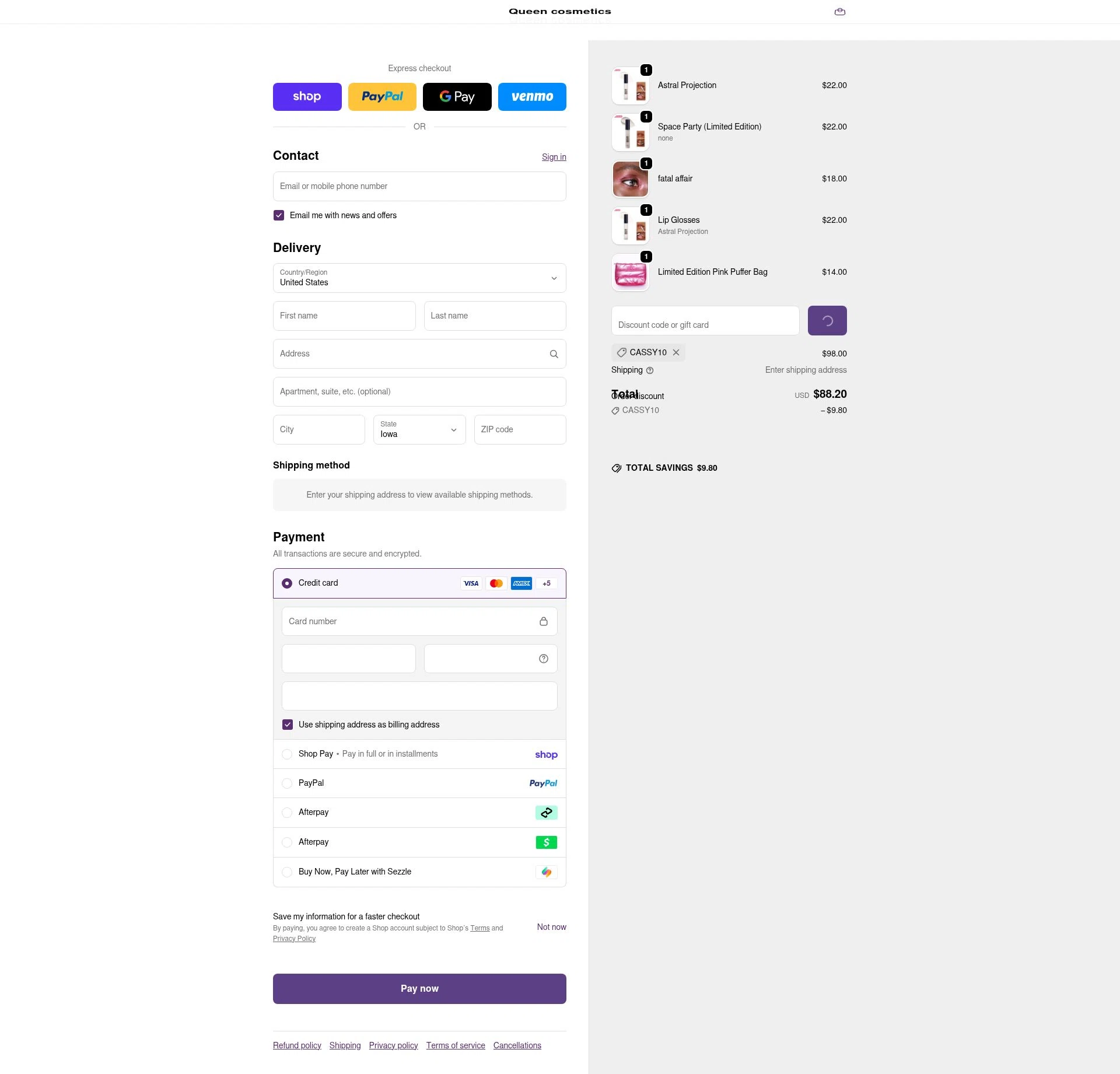 Queen cosmetics checkout page showing Queen cosmetics discount code box | Screenshot taken by SimplyCodes community member on Feb 14, 2026