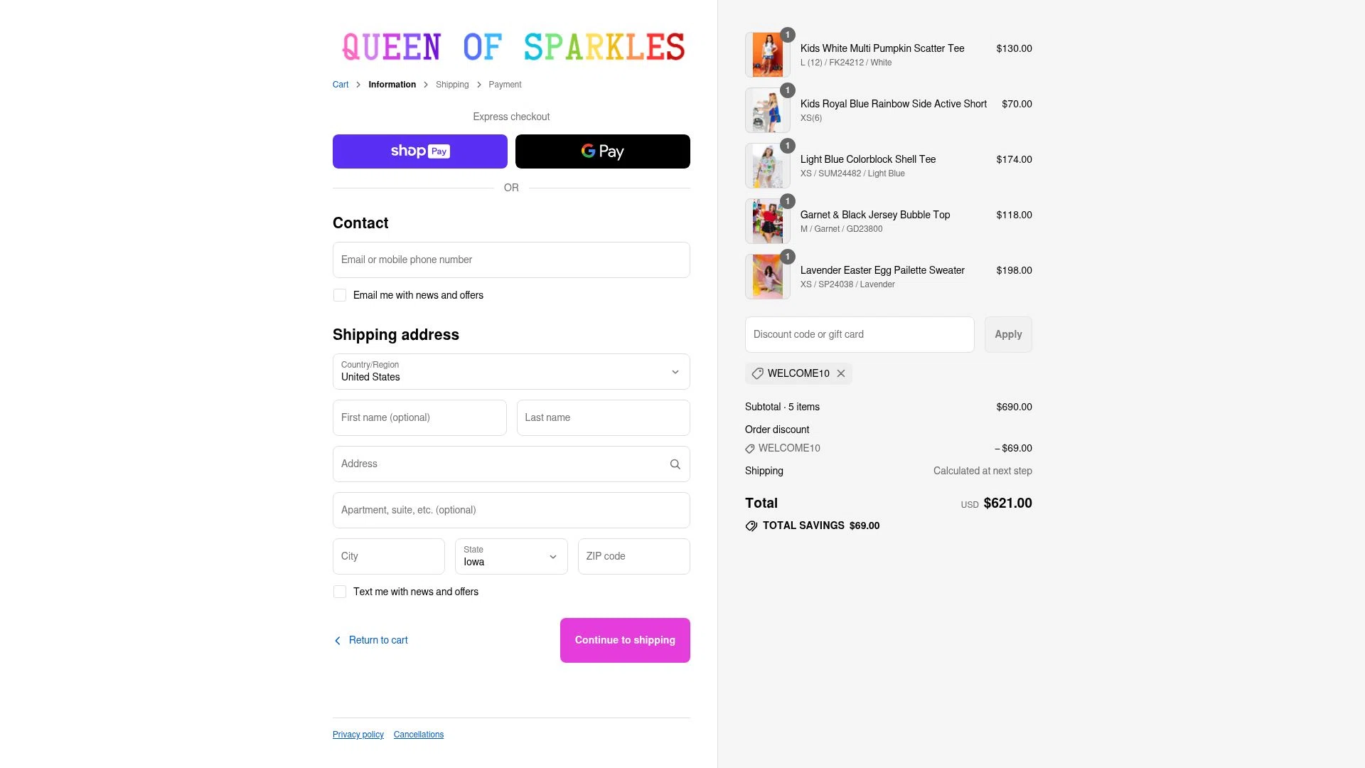 Queen of Sparkles checkout page showing Queen of Sparkles discount code box | Screenshot taken by SimplyCodes community member on Aug 17, 2025