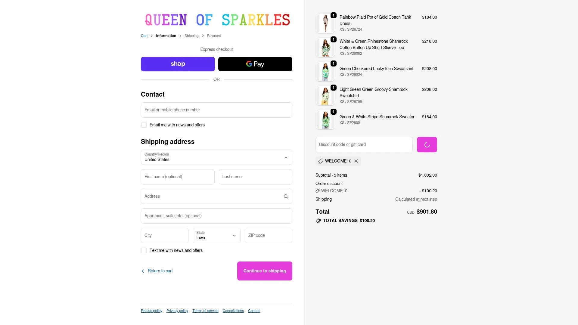 Queen of Sparkles checkout page showing Queen of Sparkles discount code box | Screenshot taken by SimplyCodes community member on Feb 17, 2026