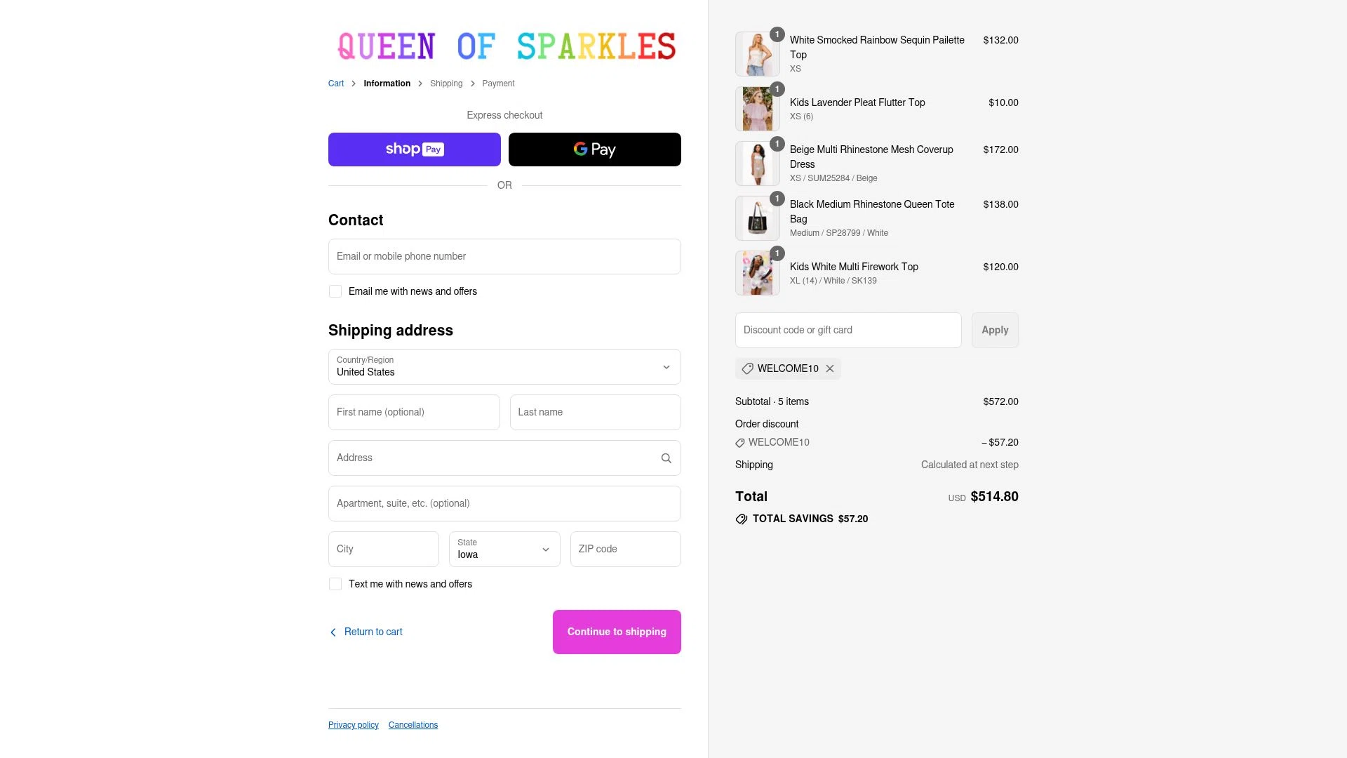 Queen of Sparkles checkout page showing Queen of Sparkles discount code box | Screenshot taken by SimplyCodes community member on Aug 22, 2025