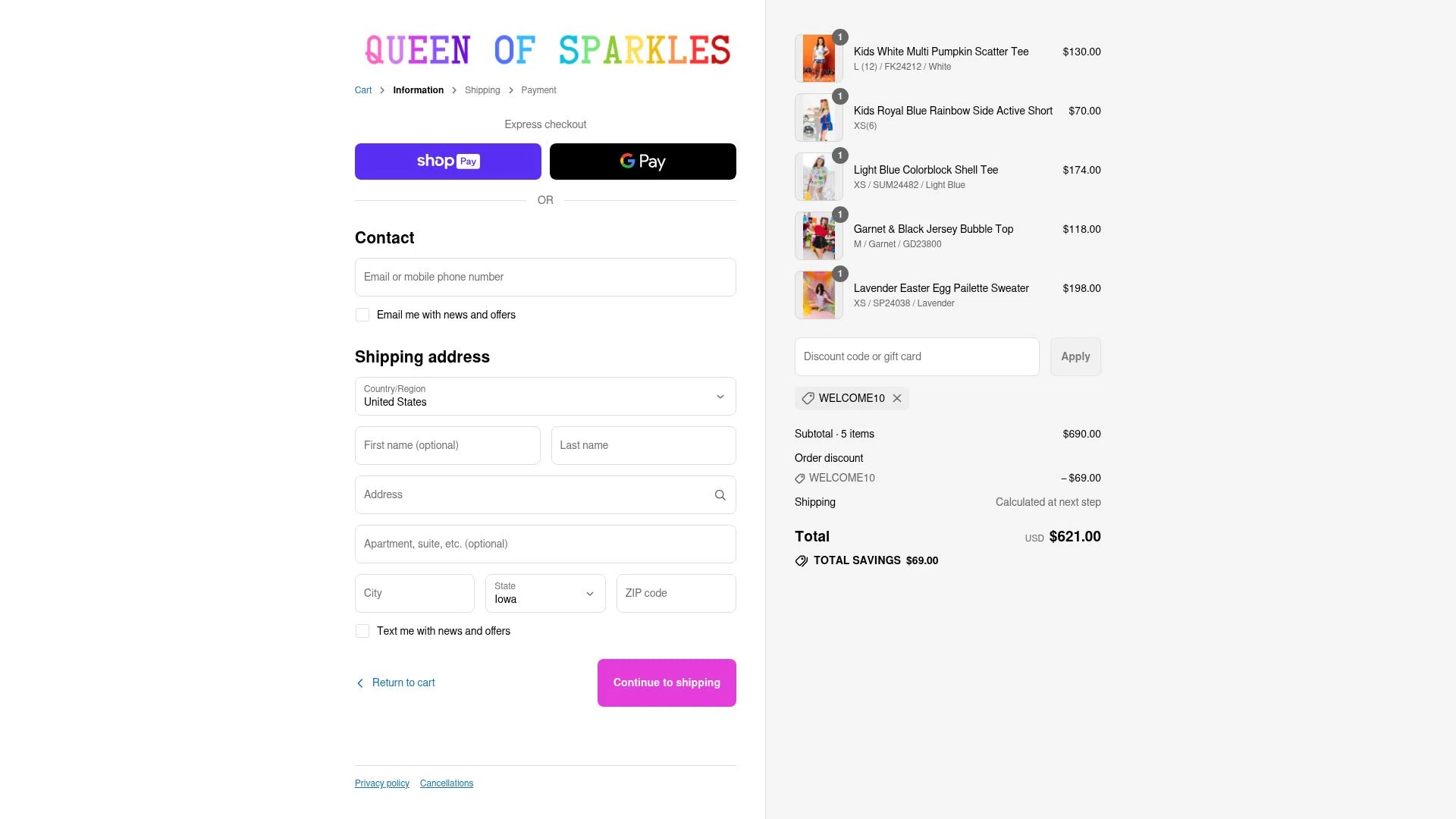 Queen of Sparkles checkout page showing Queen of Sparkles discount code box | Screenshot taken by SimplyCodes community member on Aug 12, 2025