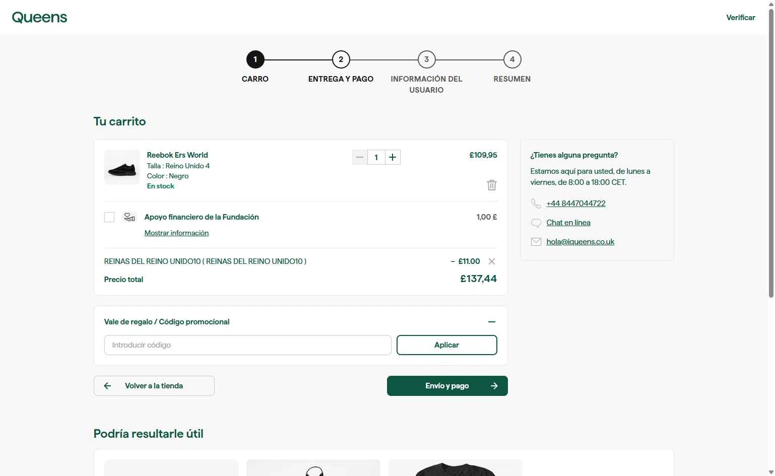 Queens UK checkout page showing Queens UK promo code box | Screenshot taken by SimplyCodes community member on Oct 25, 2025