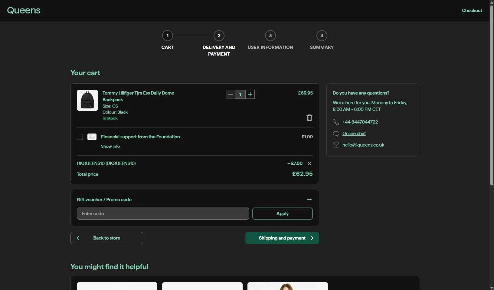Queens UK checkout page showing Queens UK promo code box | Screenshot taken by SimplyCodes community member on Sep 26, 2025