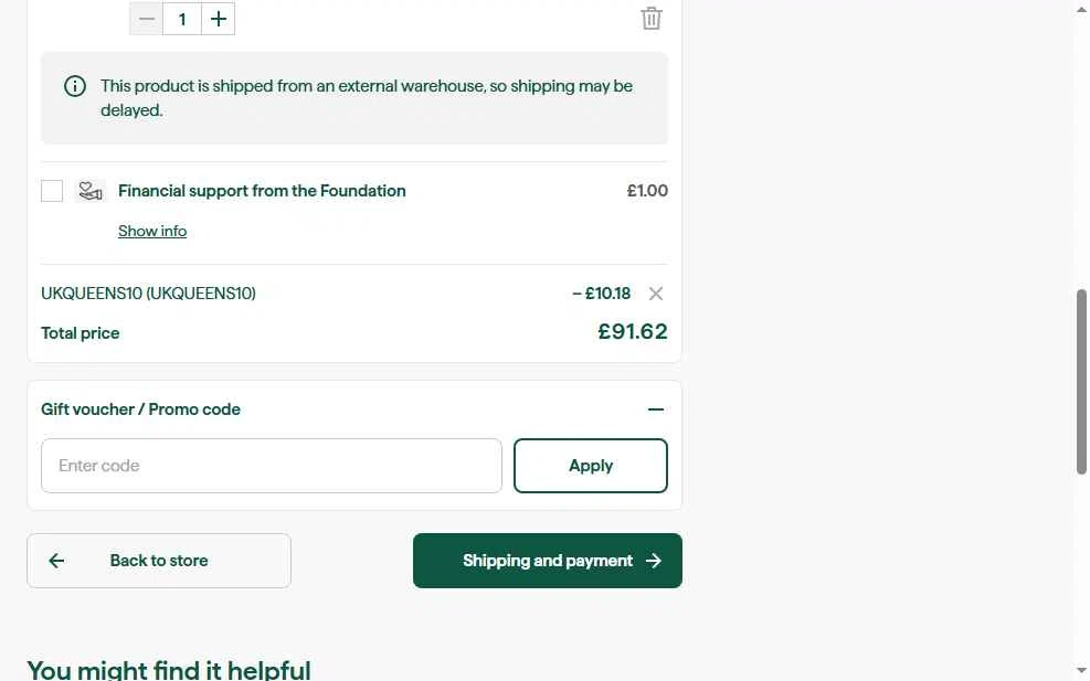 Queens UK checkout page showing Queens UK promo code box | Screenshot taken by SimplyCodes community member on Aug 28, 2025
