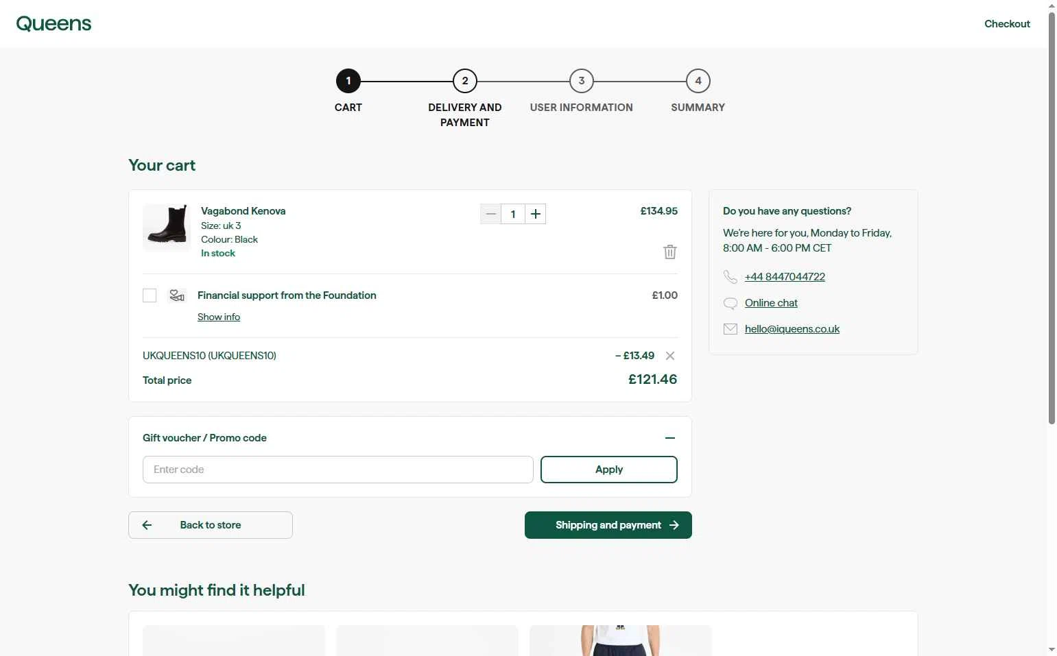 Queens UK checkout page showing Queens UK promo code box | Screenshot taken by SimplyCodes community member on Aug 19, 2025