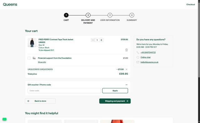 Queens UK checkout page showing Queens UK promo code box | Screenshot taken by SimplyCodes community member on Jul 21, 2025