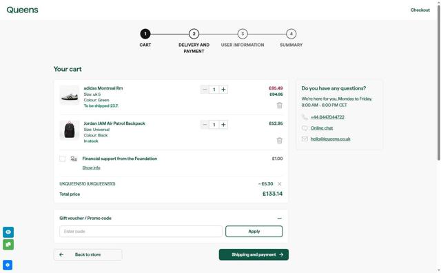 Queens UK checkout page showing Queens UK promo code box | Screenshot taken by SimplyCodes community member on Jul 21, 2025