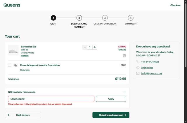Queens UK checkout page showing Queens UK promo code box | Screenshot taken by SimplyCodes community member on Jul 21, 2025