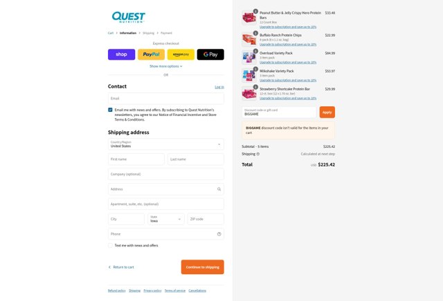 Quest Nutrition checkout page showing Quest Nutrition coupon code box | Screenshot taken by SimplyCodes community member on Sep 3, 2025