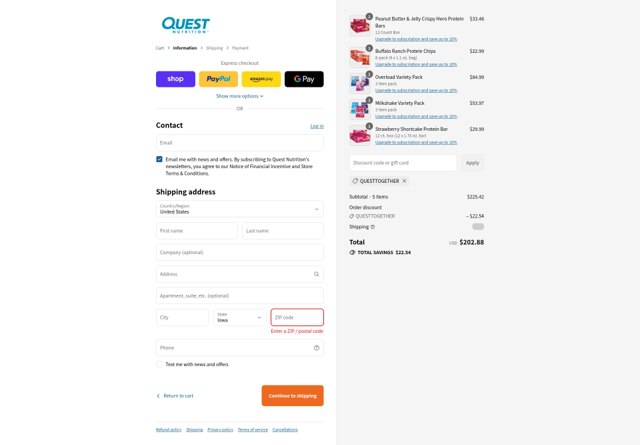 Quest Nutrition checkout page showing Quest Nutrition coupon code box | Screenshot taken by SimplyCodes community member on Sep 3, 2025