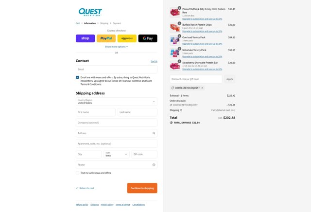 Quest Nutrition checkout page showing Quest Nutrition coupon code box | Screenshot taken by SimplyCodes community member on Sep 3, 2025