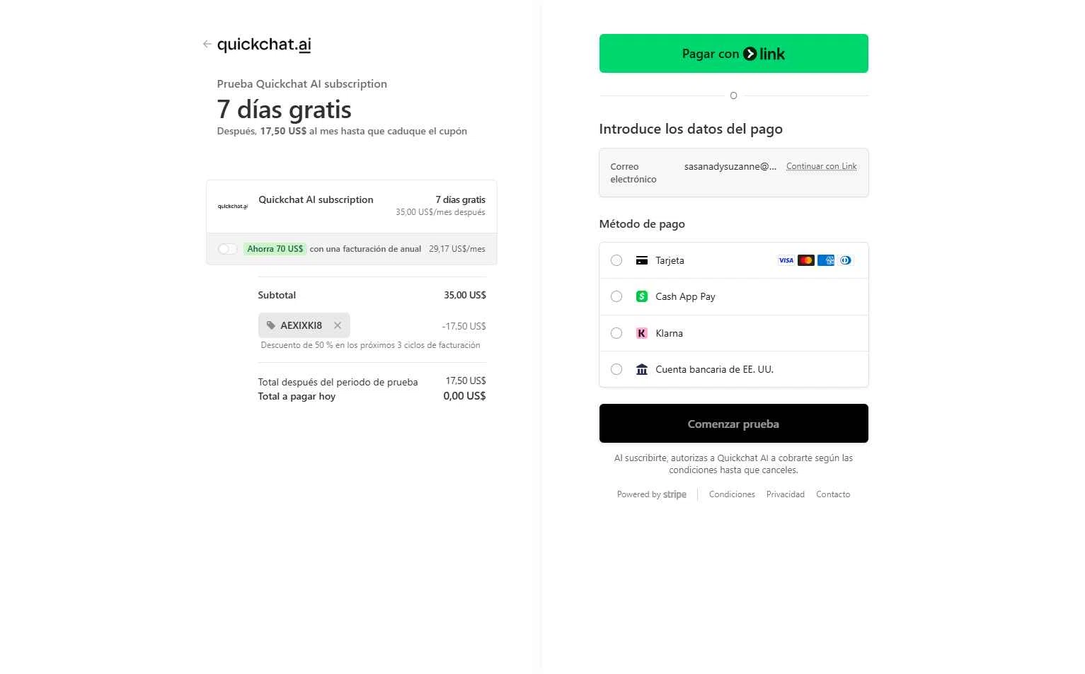 Quickchat AI checkout page showing Quickchat AI promo code box | Screenshot taken by SimplyCodes community member on Jan 22, 2026