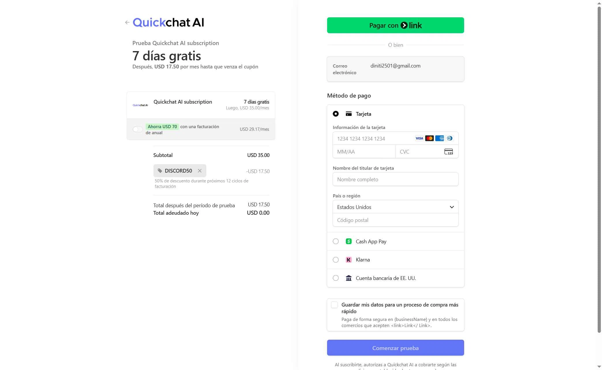 Quickchat AI checkout page showing Quickchat AI promo code box | Screenshot taken by SimplyCodes community member on Sep 14, 2025